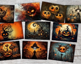 Halloween Grußkarten Set V3 (10 Karten) | Kunstvolle Halloween Karten | Geschenk | Karte mit Grußbotschaft | Postkarte oder als Klappkarte