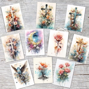 Kit de cartes de deuil chrétiennes à l'aquarelle (10 cartes A6) I Cartes pliables ou cartes postales I Cartes de deuil, cartes de condoléanc