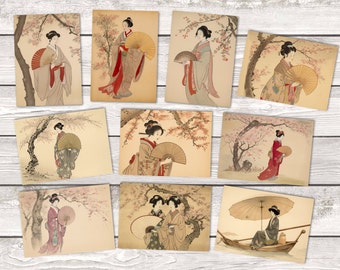 Könnte beinhalten: Ein Set aus zehn Postkarten im Vintage-Stil mit japanischen Frauen in traditioneller Kleidung, die Fächer halten und unter Kirschblütenbäumen stehen. Die Postkarten sind auf strukturiertem Papier mit cremefarbenem Hintergrund gedruckt.