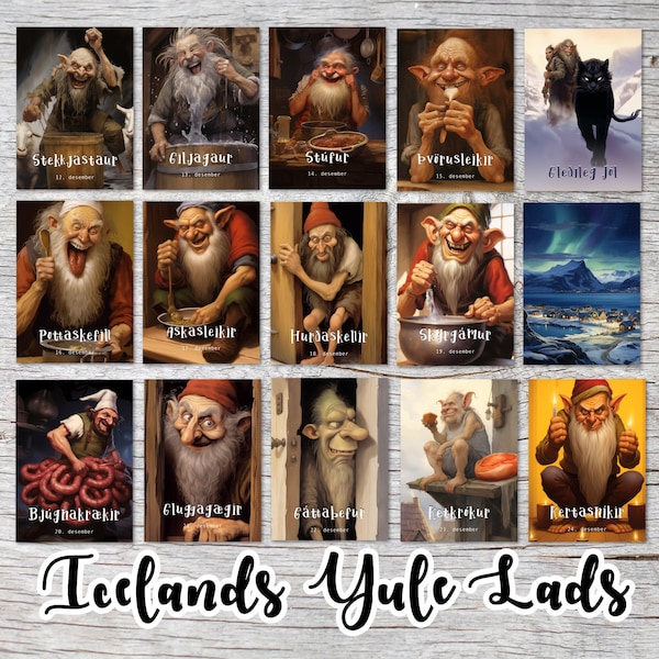 Icelandic Yule Lads Card Set A6 (15 Cards) Icelandic Santa Clauses I Christmas Boys I Christmas Trolls I Humorous Folklore Cards