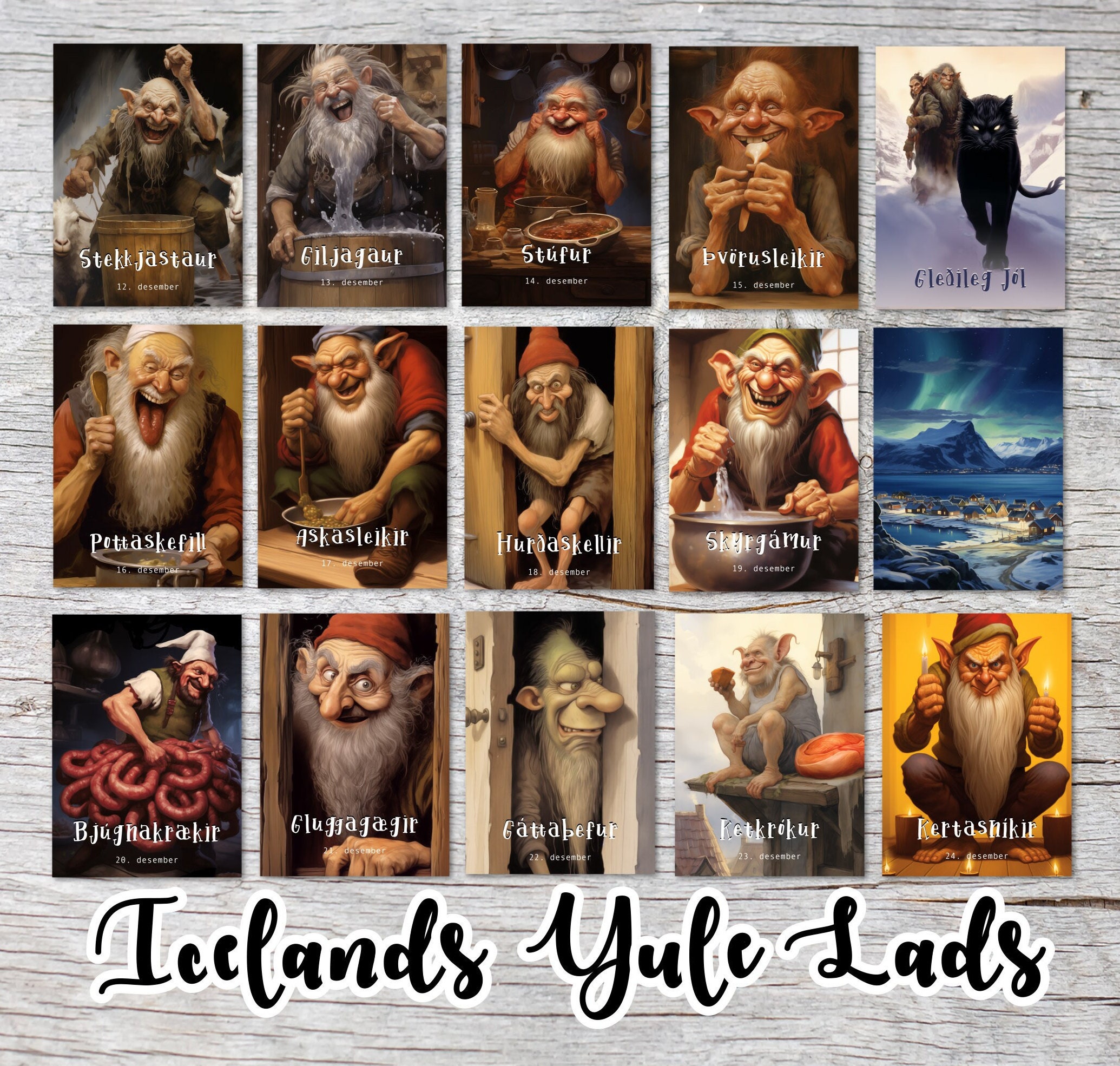 Icelandic Yule Lads Card Set A6 (15 Cards) Icelandic Santa Clauses