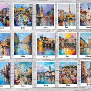 Set di cartoline di città europee – 15 cartoline formato A6 in stile impressionista | Parigi, Londra, Berlino, Roma | Regalo di viaggio