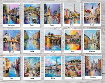 Europe City Postcard Set – 15 A6 Cards Impressionist Style | Paris London Berlin Rome Travel Art Prints