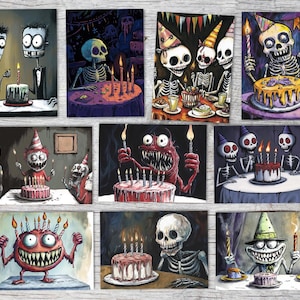 Conjunto de cartão de aniversário assustador (14 cartões) | Cartões de aniversário assustadores artísticos | Mensagem  Tim Burton