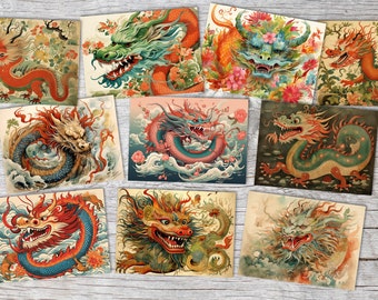 Jahr des Drachen 2024 Postkarten A6 Set (10 Cards) Drachen Jahr chinesische Sternzeichen asiatische Kultur  I Kunstvolle Drachen Karten