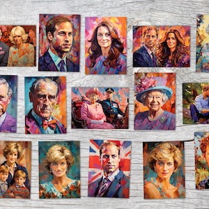 Cartes postales A6 Set (15 Cards) The Royal Family modern Aquarell I digital Painting I William Kate Charles Diana Camilla Elizabeth Harry