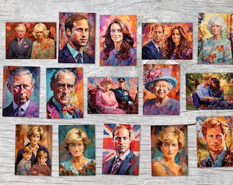 Postcards A6 Set (15 Cards) The Royal Family modern Watercolor Art I digital Painting I William Kate Charles Diana Camilla Elizabeth Harry