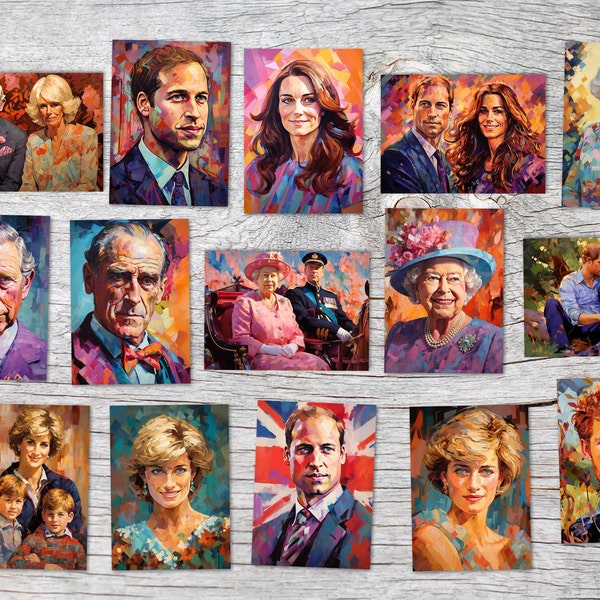 Postkarten A6 Set (15 Cards)  The Royal Family modern Aquarell Art I digital Painting I William Kate Charles Diana Camilla Elizabeth Harry
