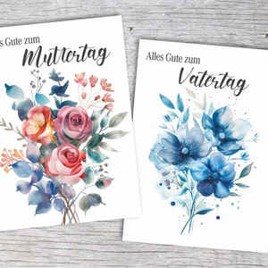 Grußkarten zum Muttertag und Vatertag | Aquarell Karte | Für Mama, Papa, Oma und Opa im Set | Blumengruss für Mutter und Vater Set & Einzeln