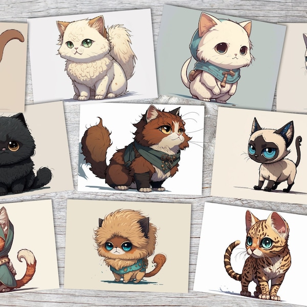 البطاقات البريدية A6 Set (10 بطاقات) Cute Chibi Manga Cats I Design Design Trading Cards I Cute Animals I Sweet Gift Idea