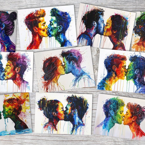 LOVE is LOVE V2 Postcards A6 Set (10 Cards) A Kiss for Love Gay Queer Hetero Trans LGBTQ+ Edition I Artful Pride Cards I Kiss of Love