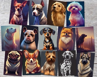 Postcards A6 Set (14 Cards) Cute Dog Breeds Portraits I Digital Painting I French Bulldog Labrador Chihuahua Jack Russell Terrier