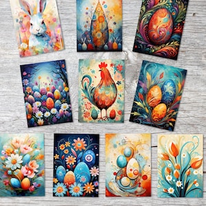 Set de cartes de voeux de Pâques V2 (10 cartes) | Cartes artistiques de Pâques | Cadeau | Carte avec message | Carte postale ou carte pliabl