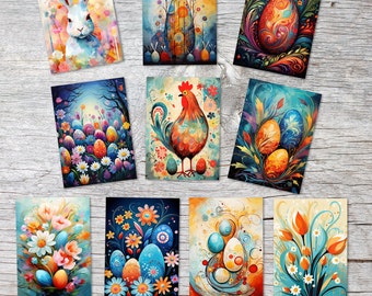 Oster Grußkarten Set V2 (10 Karten) | Kunstvolle Oster Karten | Geschenk | Karte mit Grußbotschaft | Postkarte oder Klappkarte