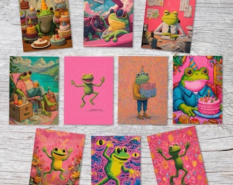 Frog Birthday Card Set – 10 Funny Greeting Cards A6 | Colorful Frog Illustrations with Cake, Party & Humor | Postcards or Folded Cards