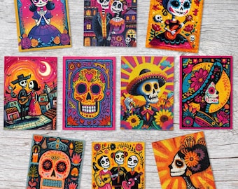 Day of the Dead Card Set – 10 Colorful Postcards A6 | Sugar Skull & Mexican Folk Art | Dia de los Muertos Cards