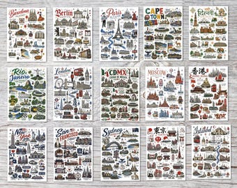 Sketch Postkarten Set weltweit – 15 Städte-Illustrationen im Sketch-Stil, A6 Postkarten oder Klappkarten, Geschenkidee, Städtekarten, Travel