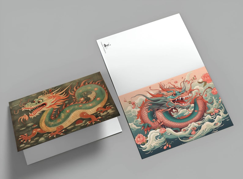 Year of the Dragon 2024 Postcards A6 Set 10 Cards Dragon Year Chinese Zodiac Asian Culture I Artful Dragon Cards Folded/Klappkarte