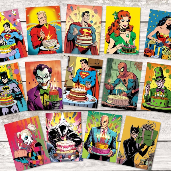Comic Style Geburtstagskarten - Grußkarten Set (14 Karten) | Superhelden und Bösewichte als Geburtstagsgruß I Lustige Geburtstagskarten