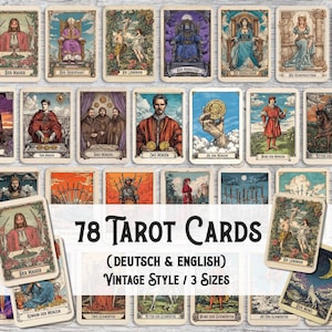 Könnte beinhalten: Eine Sammlung von 78 Tarotkarten im Vintage-Stil mit detaillierten Illustrationen. Die Karten zeigen verschiedene Figuren und Szenen, mit deutschem und englischem Text. Der Text lautet: "78 Tarot Cards (Deutsch & English) Vintage Style / 3 Sizes."