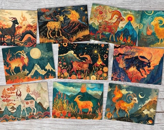 Year of the Fire Goat 2027 Postcards A6 Set (10 Cards) Goat Year Chinese Zodiac Asian Culture I Artful Fire Goat Cards