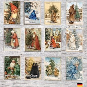 May include: A set of vintage Christmas cards with illustrations of festive characters, including Santa Claus and elves. Each card has a unique design and text, with a worn, aged look. The cards are displayed on a wooden surface.