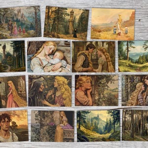Raiponce (15 Cards) Conte de fées illustré au look vintage I des frères Grimm en version originale comme set artistique