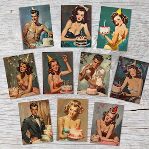 Cartes d'anniversaire de style vintage 60 - Ensemble de cartes de vœux (10 cartes) | Aspect acrylique dans le style des années 60
