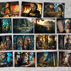 Hansel et Gretel Set de cartes A6 (15 Cards) Conte de fées illustré Stained Glass I des frères Grimm en version originale comme set