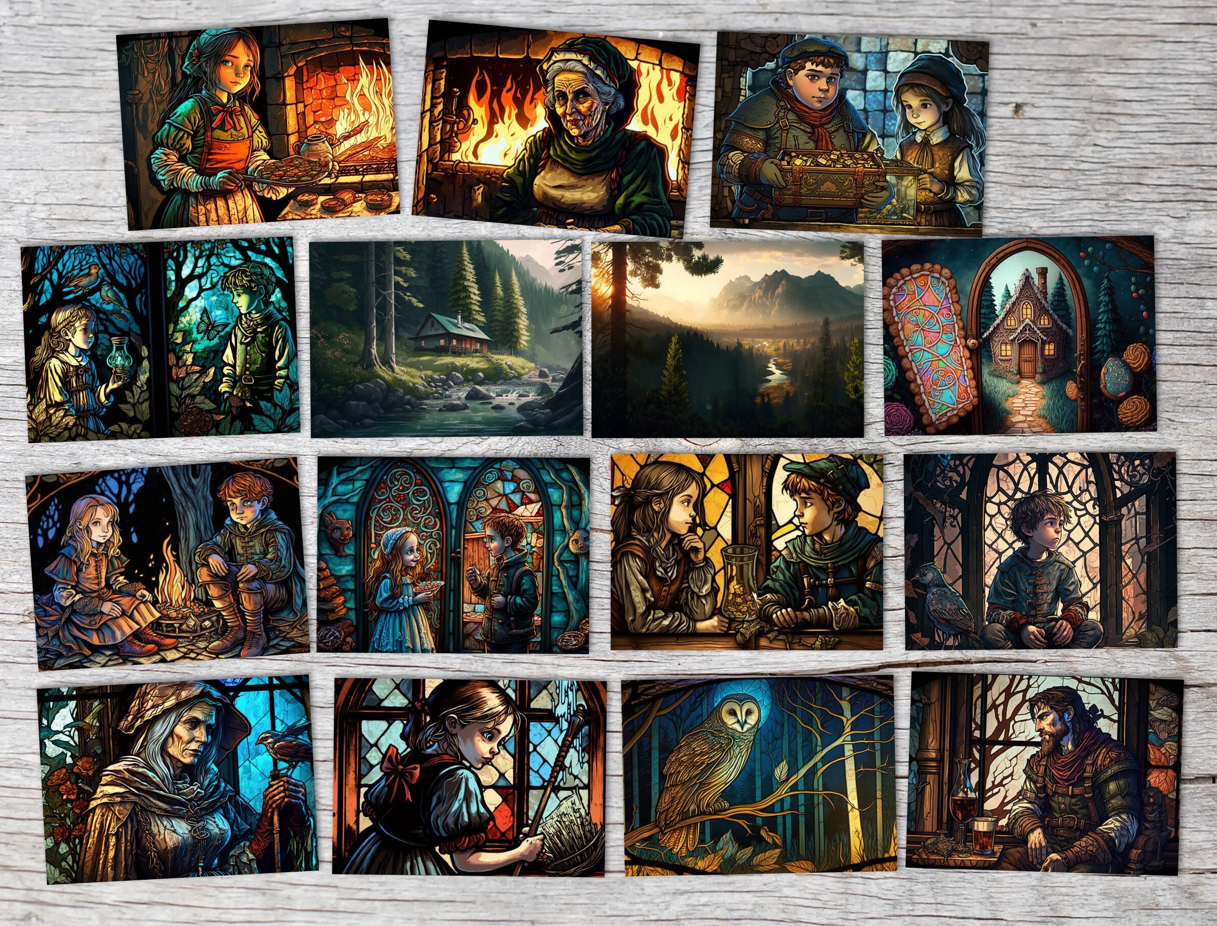 Hansel and Gretel Card Set A6 (15 Cards) Illustrated Fairy Tale Stained Glass I by the Brothers Grimm in the original as an artistic set.