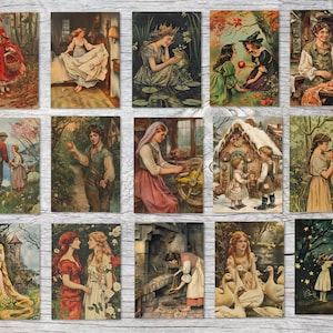 Juego de tarjetas de cuentos de hadas tradicionales (15 tarjetas) | Postales vintage con motivos de cuentos de hadas de los hermanos Grimm