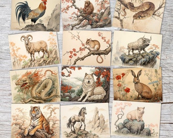 Chinese zodiac signs as postcards A6 set (12 cards) Asian culture I Artful cards I Year of the Dragon, Rat Rabbit Tiger Dog