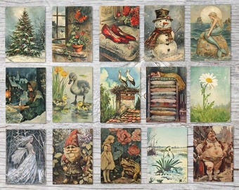 Traditional fairy tale cards set (15 cards) | Vintage postcards with fairy tale motifs by the Brothers Grimm - Illustration Vintage