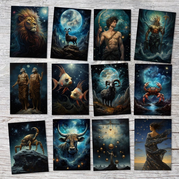 Signes du zodiaque cartes postales A6 set (12 Cards) I Cartes de voeux et cartes d'anniversaire I Capricorne, Poissons, Gémeaux, Lion...