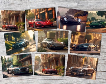 Les plus belles voitures en cartes de vœux dans un set (10 cartes) | Cartes de motif fleuri Voitures | voitures, mercedes, gué,