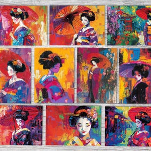 Geisha Cartes postales A6 Set (10 Cards) Geisha colorées Cartes de voeux I Acrylique, Art japonais, Asiatique, Art, Femmes japonaises