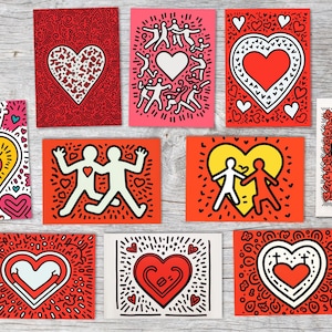 Cartes Saint-Valentin Amour Cartes postales A6 Set (10 Cards) Keith Haring Style I Cartes pour messages d'amour