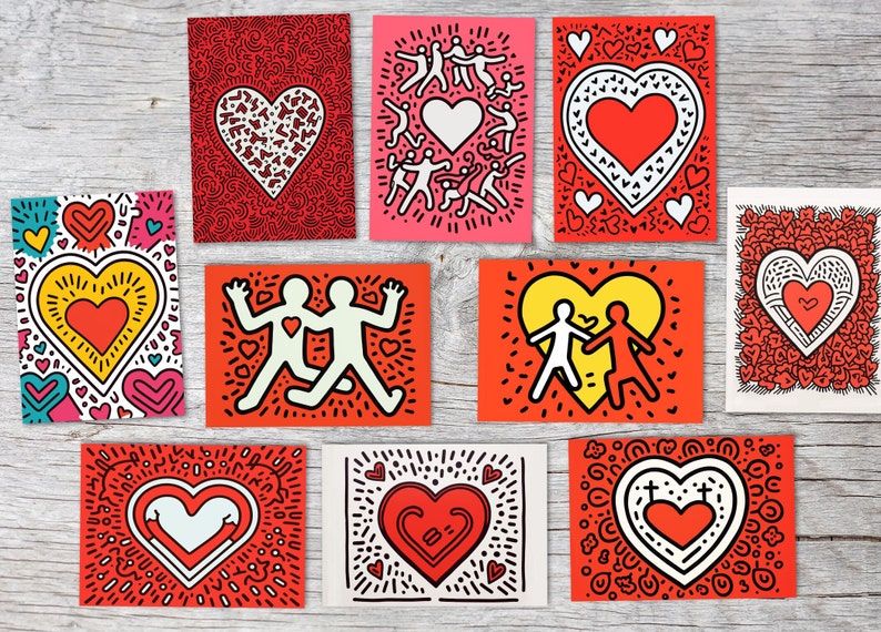 Puede incluir: Una colecci&oacute;n de tarjetas de felicitaci&oacute;n coloridas con dise&ntilde;os de corazones. Las tarjetas presentan corazones rojos, rosas, amarillos y blancos con varios patrones e ilustraciones. Algunas tarjetas tienen figuras y dibujos lineales.