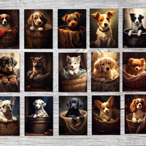 Set de cartes de voeux chiots (15 cartes) | Douces cartes artistiques représentant des chiots de différentes races | Digital Painting - Oil