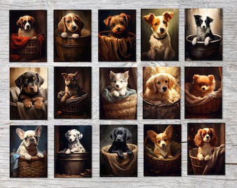 Set de cartes de voeux chiots (15 cartes) | Douces cartes artistiques représentant des chiots de différentes races | Digital Painting - Oil