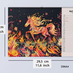 May include: A colorful wall calendar featuring a vibrant illustration of a horse with a flowing mane and intricate patterns. The calendar is 8.2 inches wide and 11.6 inches long, with the month of April 2026 displayed. The artwork includes floral elements.