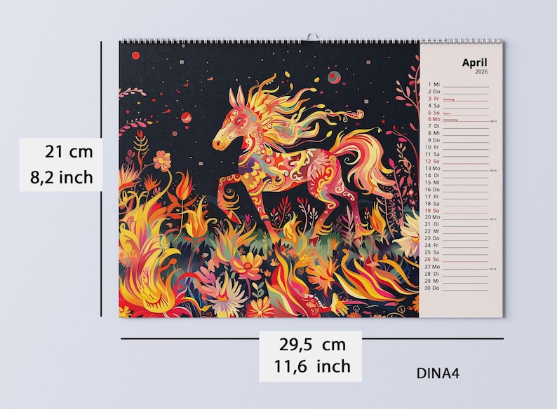 May include: A colorful wall calendar featuring a vibrant illustration of a horse with a flowing mane and intricate patterns. The calendar is 8.2 inches wide and 11.6 inches long, with the month of April 2026 displayed. The artwork includes floral elements.