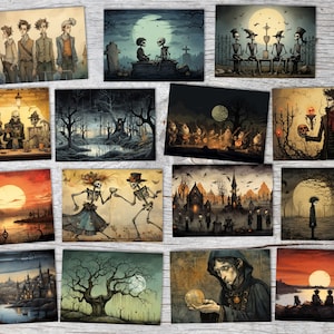 Conjunto de cartas A Lua A6 (15 cartas) Conto de fadas ilustrado I dos Irmãos Grimm no original como um  I Motivos assustadores de Halloween