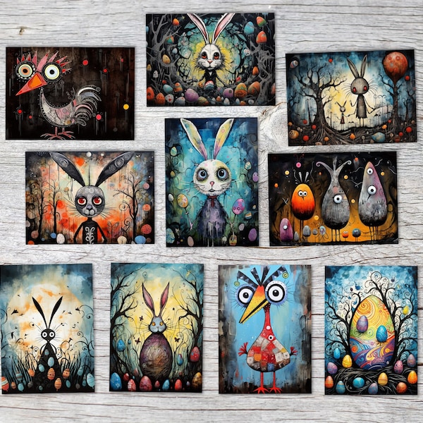 Set de cartes de voeux de Pâques (10 cartes) | Cartes de Pâques artistiques et effrayantes | Carte avec message | Style Tim Burton