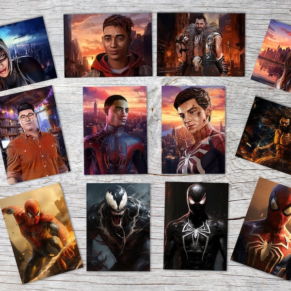Jeu de cartes Spiderman II (12 cartes) | Miles Morales, Peter Parker, Venom I Cartes postales | Playstation 5 I Impression d'art