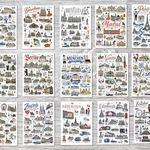 May include: A collection of fifteen rectangular posters featuring illustrated city maps of Athens, Barcelona, Brussels, Madrid, Paris, Dublin, Berlin, Munich, Venice, Lisbon, Vienna, Zagreb, Copenhagen, Edinburgh, and London with landmarks.