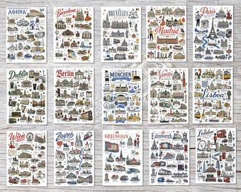 Sketch Postkarten Set Europa – 15 Städte-Illustrationen im Sketch-Stil, A6 Postkarten oder Klappkarten, Geschenkidee, Städtekarten, Travel