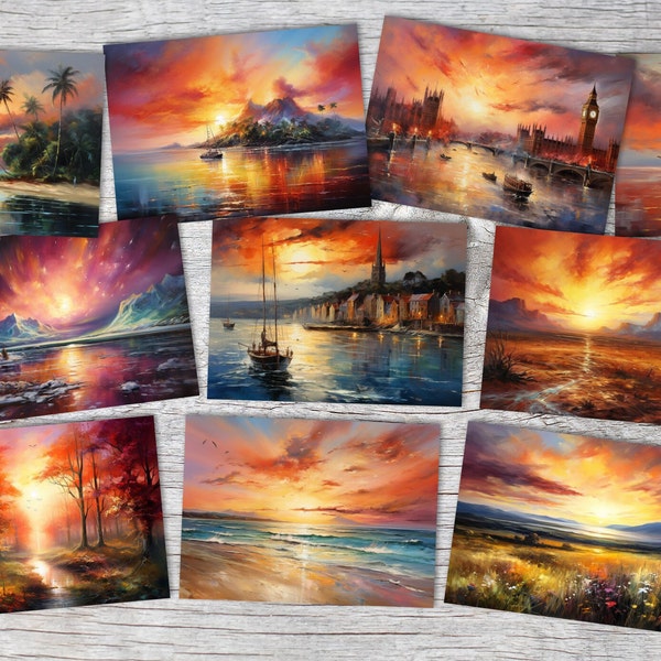 Sonnenuntergänge Postkarten A6 Set (10 Cards) kunstvolle Urlaubsmotive  I kunstvolle farbenfrohe Grußkarten Acryl Ölfarben