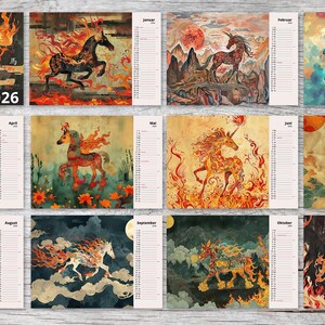 May include: A 2026 calendar featuring artistic illustrations of mythical horses with fiery manes and tails. Each month showcases a different horse design in vibrant colors, set against various backgrounds. The calendar is displayed on a wooden surface.