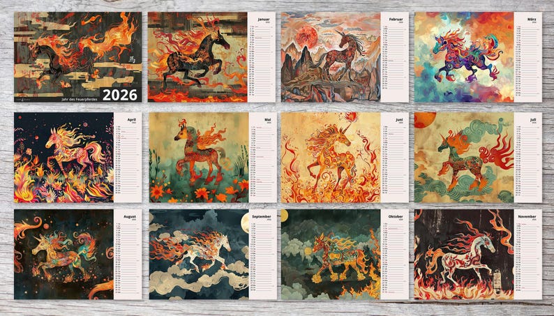May include: A 2026 calendar featuring artistic illustrations of mythical horses with fiery manes and tails. Each month showcases a different horse design in vibrant colors, set against various backgrounds. The calendar is displayed on a wooden surface.